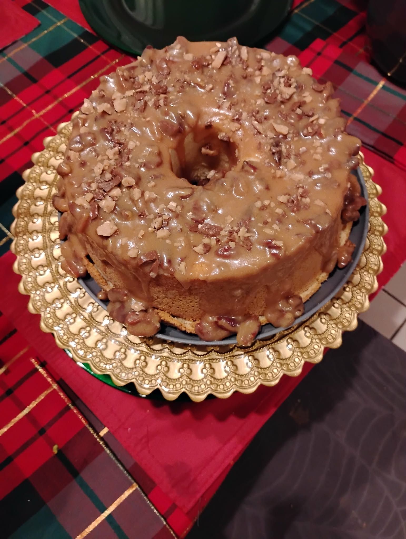 Chocolate layer cake with toffee toppings
